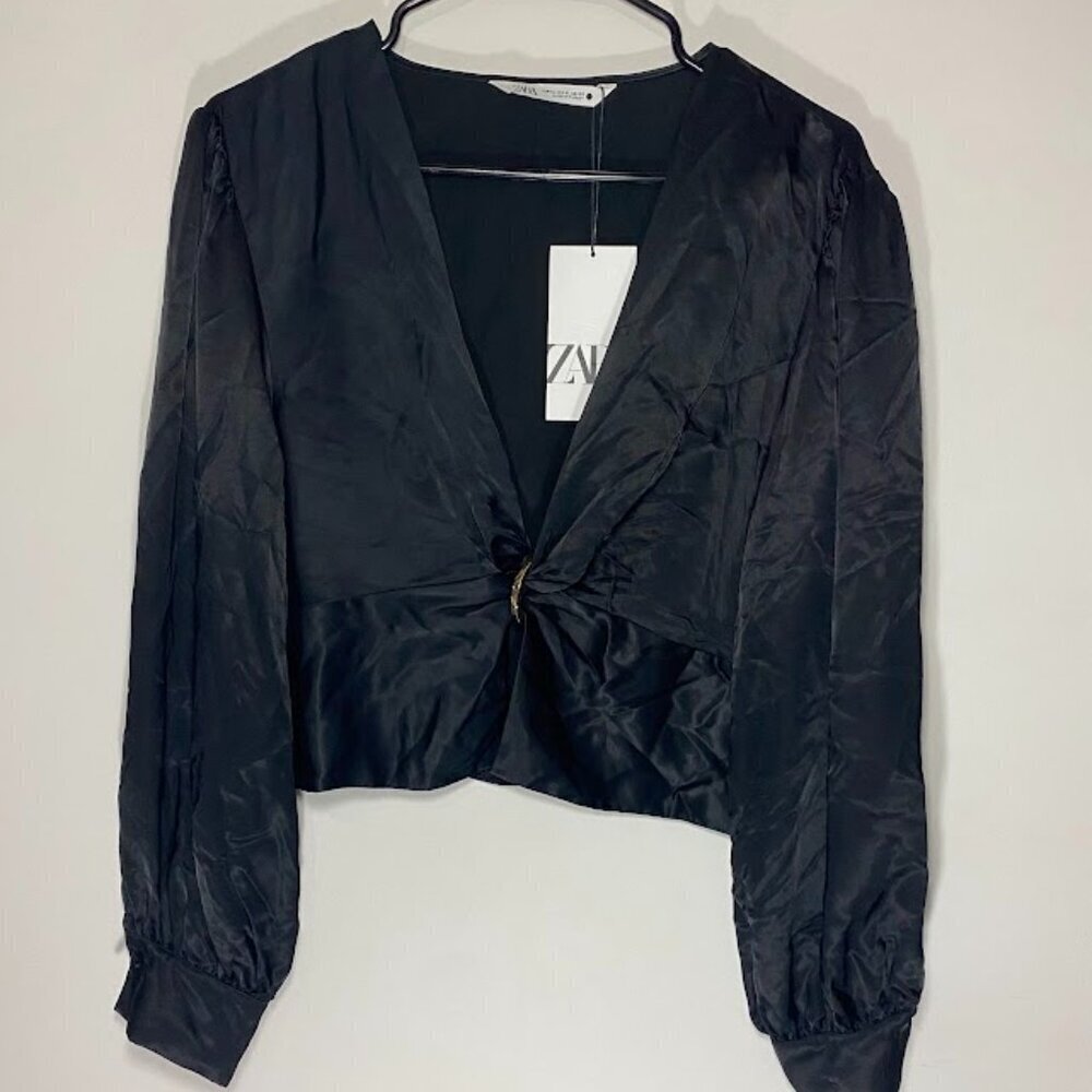 Zara Black Satin Gold Ring Long Sleeve Blouse